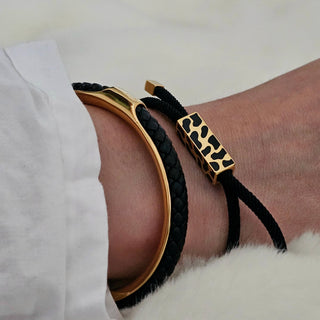 Braided Leather Black Gold Open Cuff Bracelet