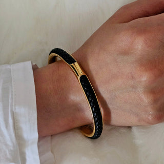 Braided Leather Black Gold Open Cuff Bracelet