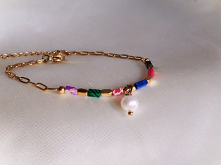 Waterproof 18K Chain link bracelet Natural stone colourful adjustable,freshwater Pearl charm bracelet,stackable gold bracelet,Gift for her