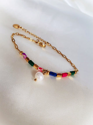 Waterproof 18K Chain link bracelet Natural stone colourful adjustable,freshwater Pearl charm bracelet,stackable gold bracelet,Gift for her