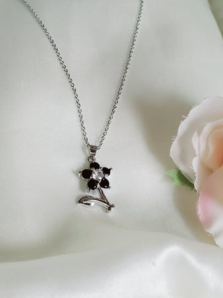 Sterling silver Black Onyx floral pendant necklace,vintage,adjustable necklace,cubic zirconia floral pendant,gifts under 25