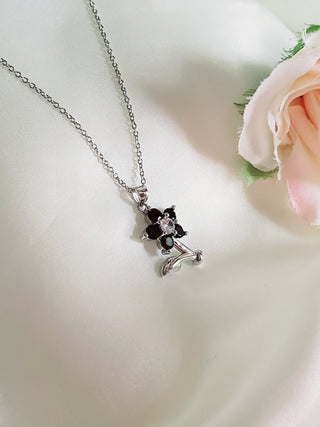 Sterling silver Black Onyx floral pendant necklace,vintage,adjustable necklace,cubic zirconia floral pendant,gifts under 25