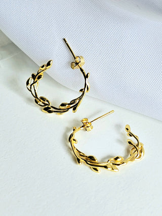 14K Gold plated Leaf textured faux hoops pushback earrrings,Gold on Sterling silver,unique,imitation hoops,gift,round earrings,gold hoops