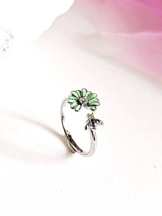 Green Enamel Flower Bee ring,sterling silver Jewellery, yellow sapphire Ring,Adjustable ring,gift,dainty ring,gift for her