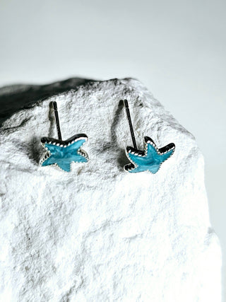 Sterling Silver Starfish stud earrings sea blue enamel earrings,textured,dainty star small silver earrings,unique gift,Healing jewellery