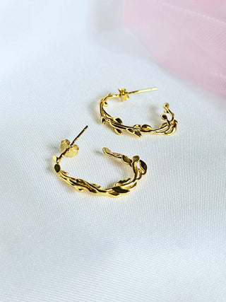 14K Gold plated Leaf textured faux hoops pushback earrrings,Gold on Sterling silver,unique,imitation hoops,gift,round earrings,gold hoops