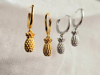 Pineapple charm 18k Gold Sterling Silver round Hoop earrings,gift for her,dangle drop earrings,fruit earrings,quirky earrings,stacking hoops