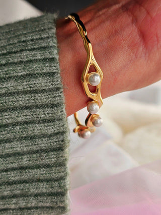 Freshwatwr Pearl 18K Gold plated open cuff bangle bracelet,gold pearl wavy branch bangle,statement bangle,stacking gold bracelets