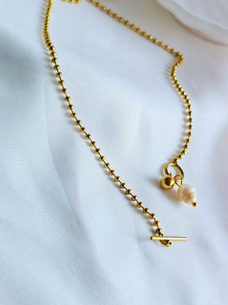 Toggle Pearl Tarnishfree everyday necklace,18k Gold adjustable bead chain,gift,T Bar Closure Freshwater Pearl Charm Necklace, Bridesmaids