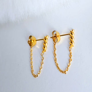 18K Gold twisted bar chain earrings,dangle drop chain stud earrings,Gold jewellery,dainty gold chain drop earring,geometric earring stacking