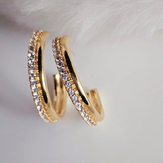 14K Gold Sterling silver dual layer C Hoop stud earrings,unique jewellery gift for her,zirconia hoops,faux hoop stud earrings,C shaped Hoop