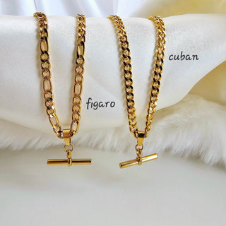 Tarnishfree 18K Gold T-Bar necklace,adjustable chunky cuban chain Figaro Chain,gift,T Bar Charm Necklace,stacking gold necklace