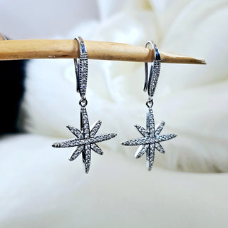 Sterling Silver Threader earrings,northern star charm drops,micro pave cubic zircon earrings,drop earrings,wedding jewellery,gift for her