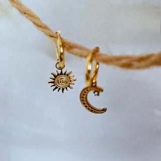 Tarnishfree Sun Moon dangle Hoop earrings 18k Gold celestial drop hoops, gold vermeil detachable charm earring,gold thick round hoops,gift