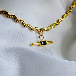 Tarnishfree T-Bar Onyx Gem 18K Gold necklace,sterling silver T-bar curvy Chain necklace,gift,stacking balance bar necklace