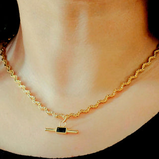 Tarnishfree T-Bar Onyx Gem 18K Gold necklace,sterling silver T-bar curvy Chain necklace,gift,stacking balance bar necklace