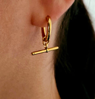 Tbar tarnishfree dangle Hoop earrings 18k Gold, balance bar drop hoops, gold vermeil T-bar earring,gold thick round hoops,gift