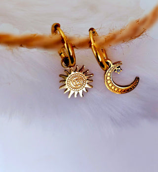 Tarnishfree Sun Moon dangle Hoop earrings 18k Gold celestial drop hoops, gold vermeil detachable charm earring,gold thick round hoops,gift