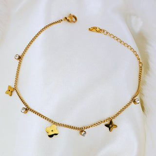 Tarnishfree Clover Anklet 18K Gold ZIRCONIA round charm,adjustable Chain gold waterproof anklet, stacking waterproof gold anklet