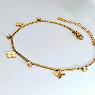 Tarnishfree Clover Anklet 18K Gold ZIRCONIA round charm,adjustable Chain gold waterproof anklet, stacking waterproof gold anklet