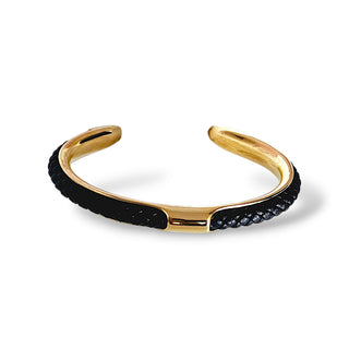 Tarnishfree braided leather 18K Gold plated open cuff bangle bracelet,stacking black and gold open cuff bracelet,unisex cuff bracelet