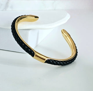 Tarnishfree braided leather 18K Gold plated open cuff bangle bracelet,stacking black and gold open cuff bracelet,unisex cuff bracelet