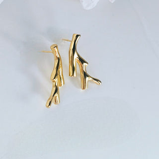 Tarnishfree Gold twig stud earrings,unique jewellery gift,large statement earrings,patterned stud earrings,waterproof gold earrings