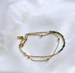 18K Tarnishfree Bead woven Gold plated chain bracelet,green and gold bead charm dainty double layered chain bracelet