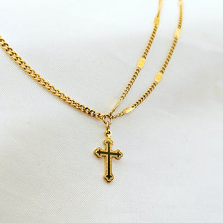 Cross charm 18K Gold tarnishfree pendant double layered disc chain necklace, christ symbol positivity irregular Cuban chain necklace