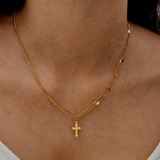 Cross charm 18K Gold tarnishfree pendant double layered disc chain necklace, christ symbol positivity irregular Cuban chain necklace