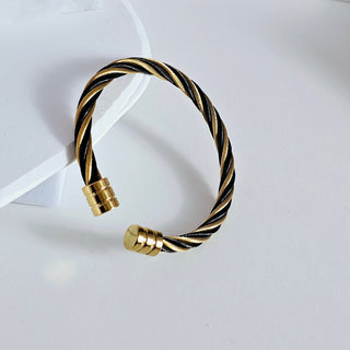 Tarnishfree braided pattern 18K Gold plated open cuff bangle bracelet,stacking black and gold open cuff bracelet