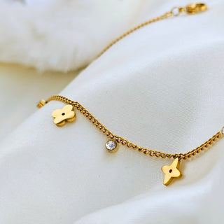 Tarnishfree Clover Anklet 18K Gold ZIRCONIA round charm,adjustable Chain gold waterproof anklet, stacking waterproof gold anklet