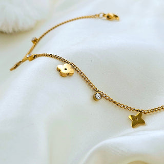 Tarnishfree Clover Anklet 18K Gold ZIRCONIA round charm,adjustable Chain gold waterproof anklet, stacking waterproof gold anklet