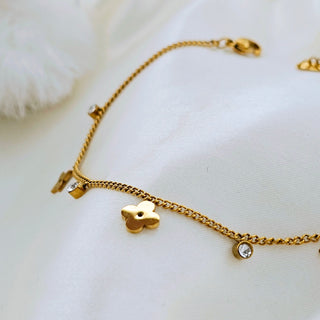 Tarnishfree Clover Anklet 18K Gold ZIRCONIA round charm,adjustable Chain gold waterproof anklet, stacking waterproof gold anklet