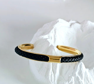 Tarnishfree braided leather 18K Gold plated open cuff bangle bracelet,stacking black and gold open cuff bracelet,unisex cuff bracelet