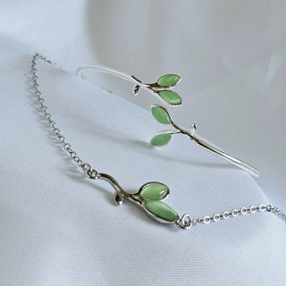 Adjustable Green leaf sterling silver cuff bracelet,leaf chain bracelet,dainty thin cuff bracelet,sterling silver bangle,adjustable bangle