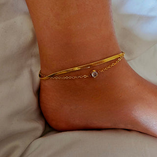 Tarnishfree ANKLET 18K Gold ZIRCONIA round charm,adjustable Chain double layer gold waterproof anklet ,stacking waterproof gold anklet