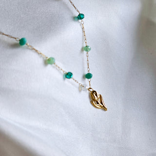 Light reflecting Green glass bead chain necklace with a Rose flower charm detail, tarnishfree and 18k gold plated on stainless steel necklacewith adjustable length