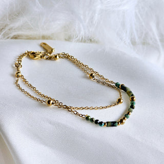 18K Tarnishfree Bead woven Gold plated chain bracelet,green and gold bead charm dainty double layered chain bracelet