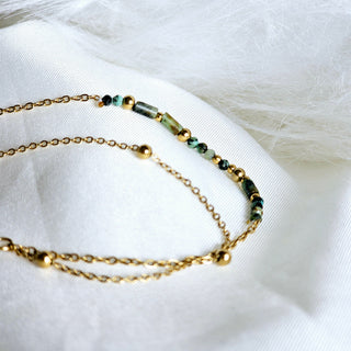 18K Tarnishfree Bead woven Gold plated chain bracelet,green and gold bead charm dainty double layered chain bracelet