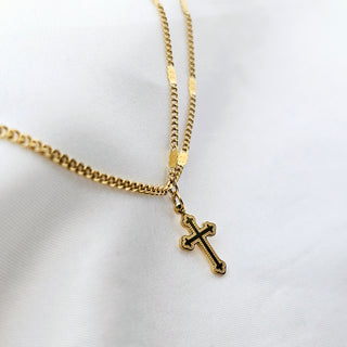 Cross charm 18K Gold tarnishfree pendant double layered disc chain necklace, christ symbol positivity irregular Cuban chain necklace