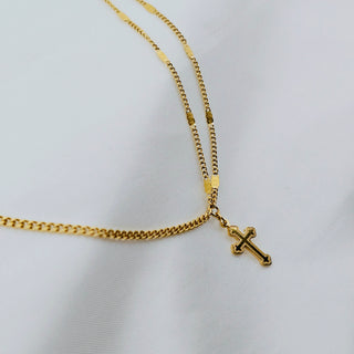 Cross charm 18K Gold tarnishfree pendant double layered disc chain necklace, christ symbol positivity irregular Cuban chain necklace