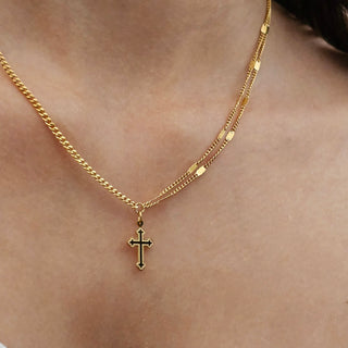 Cross charm 18K Gold tarnishfree pendant double layered disc chain necklace, christ symbol positivity irregular Cuban chain necklace