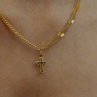 Cross charm 18K Gold tarnishfree pendant double layered disc chain necklace, christ symbol positivity irregular Cuban chain necklace