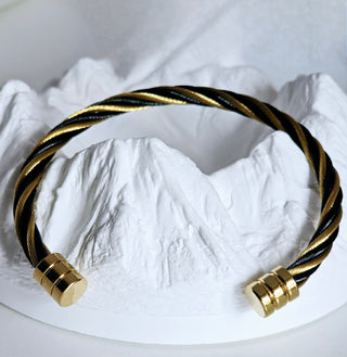 Tarnishfree braided pattern 18K Gold plated open cuff bangle bracelet,stacking black and gold open cuff bracelet