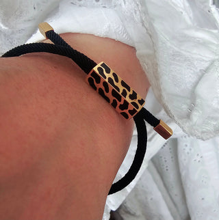 Minimalist Animal pattern 18K Gold plated Slider black fabric bracelet,stacking black and gold bracelet