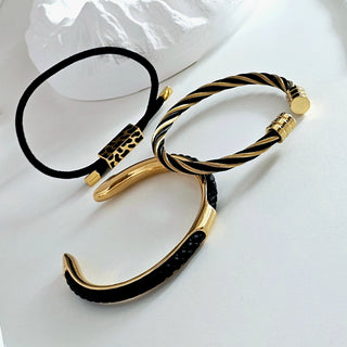 Minimalist Animal pattern 18K Gold plated Slider black fabric bracelet,stacking black and gold bracelet