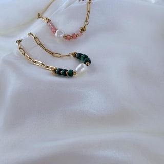 Freshwater Pearl charm and green and pink beads on paper clip tarnishfree chain bracele made of 18k gold plating on stainless steel