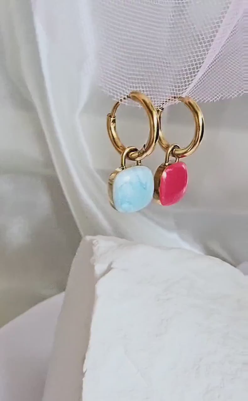 18K Gold Square charm Hoop earrings dangle drop charm gift for her,candy colour detachable charms tarnishfree jewellery geometric earrings