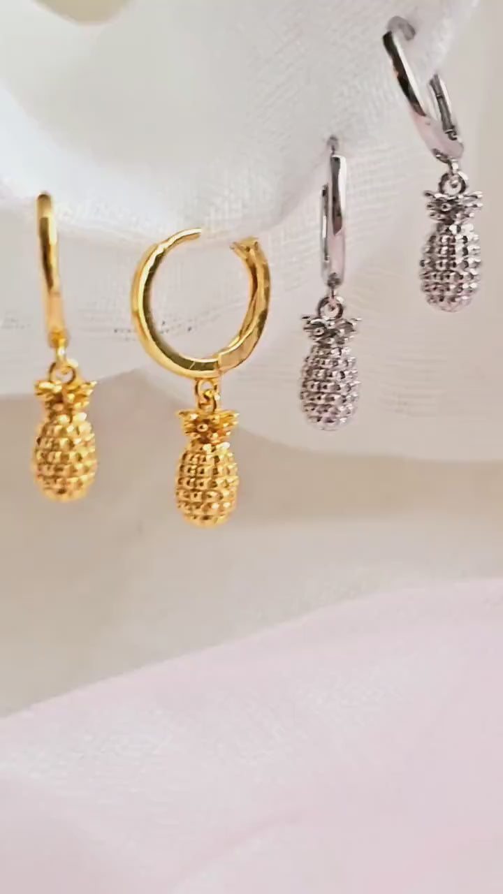 Pineapple charm 18k Gold Sterling Silver round Hoop earrings,gift for her,dangle drop earrings,fruit earrings,quirky earrings,stacking hoops